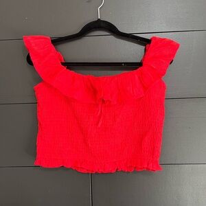 POOF NEW YORK Red Ruched Button Off Shoulder Women’s Blouse Shirt Top Sz S EUC